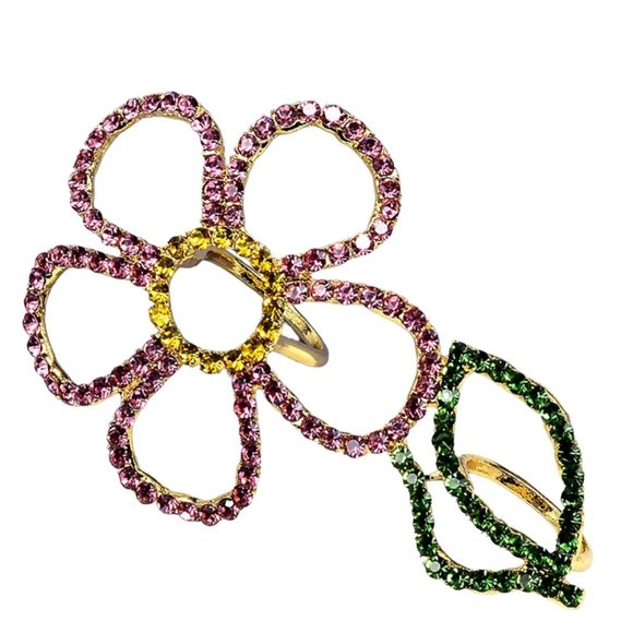 Rhinestone pop posy two finger ring. Pink, green and yellow rhinestones … - Picture 3 of 6